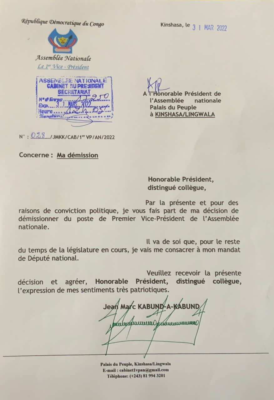 Jean-Marc Kabund démissionne officiellement de l'Assemblée Nationale